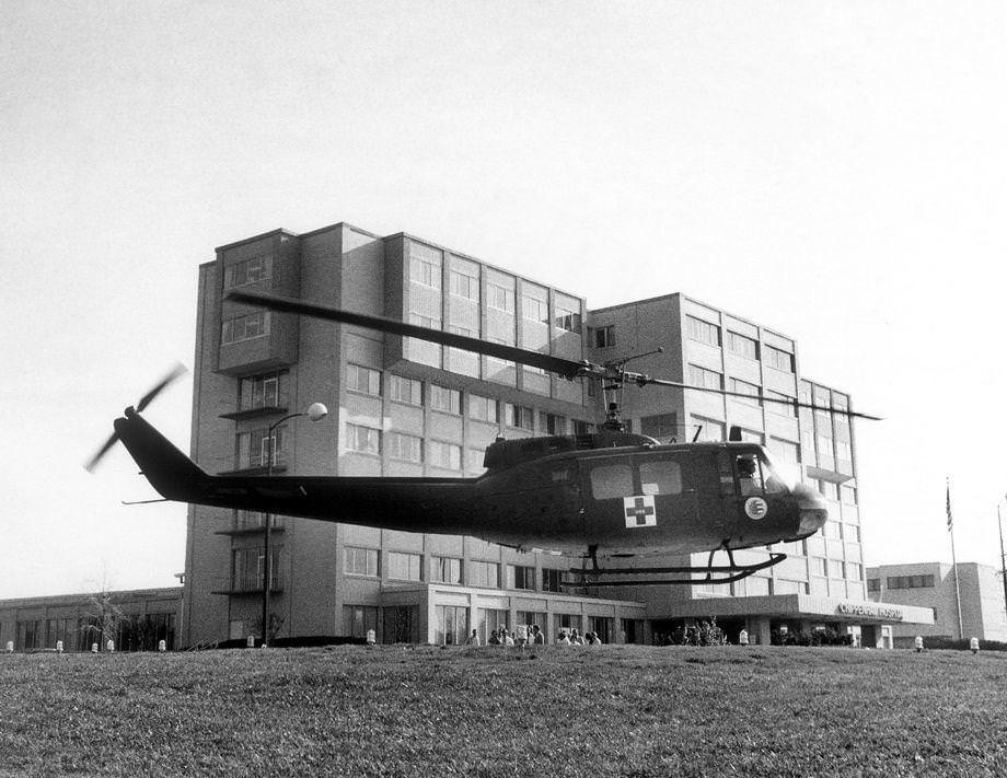 An Army helicopter made a practice landing on the new helipad at Chippenham Hospital in Richmond, 1979.