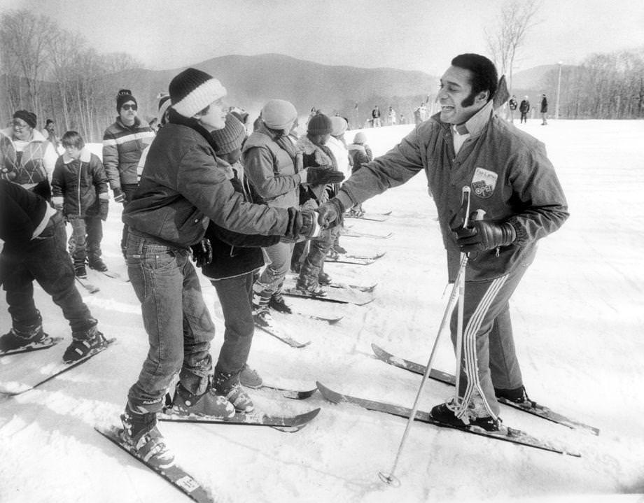 Former Washington Redskins wide receiver Roy Jefferson congratulated participants in the Winter Special Olympics at Wintergreen in Nelson County, 1979