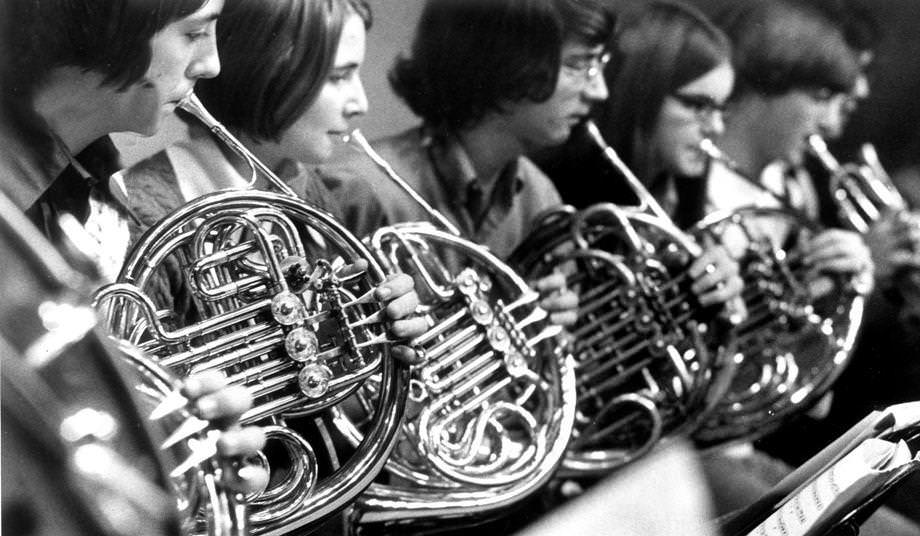The French horn players of the Richmond Youth Symphony practiced ahead of the first concert of the season, which was scheduled at John Marshall High School, 1970.