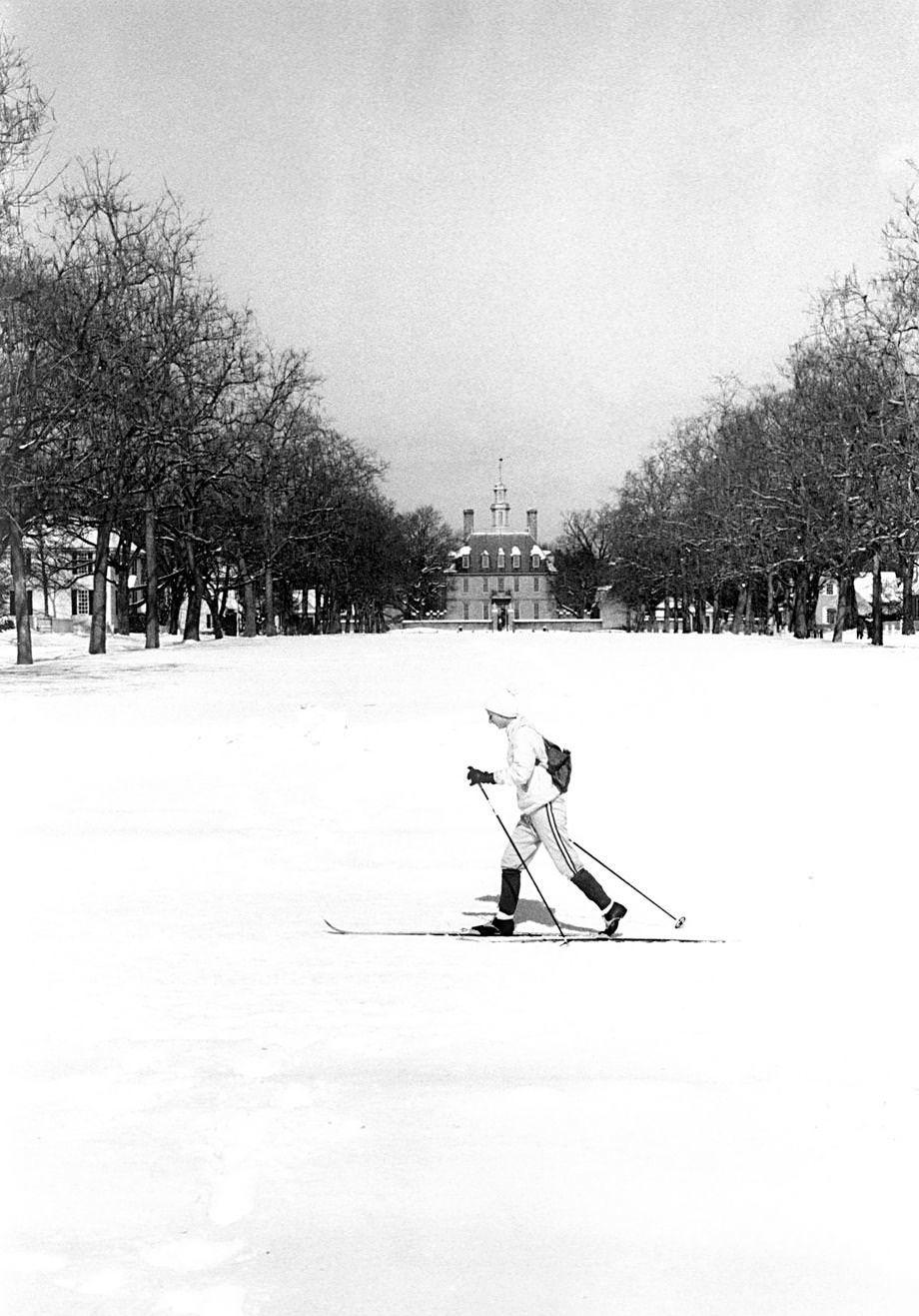 Constance Ramsey, a former Richmond resident and a College of William & Mary graduate, traveled around Williamsburg on skis after a snowstorm, 1979.
