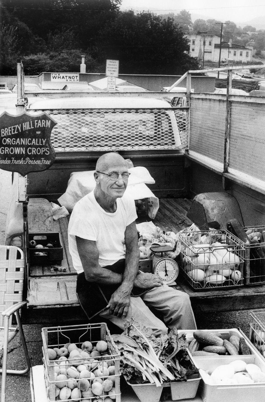Peter Sargent of Breezy Hill Farm in Albemarle County sold his vegetables at a Charlottesville farmers market, 1979.