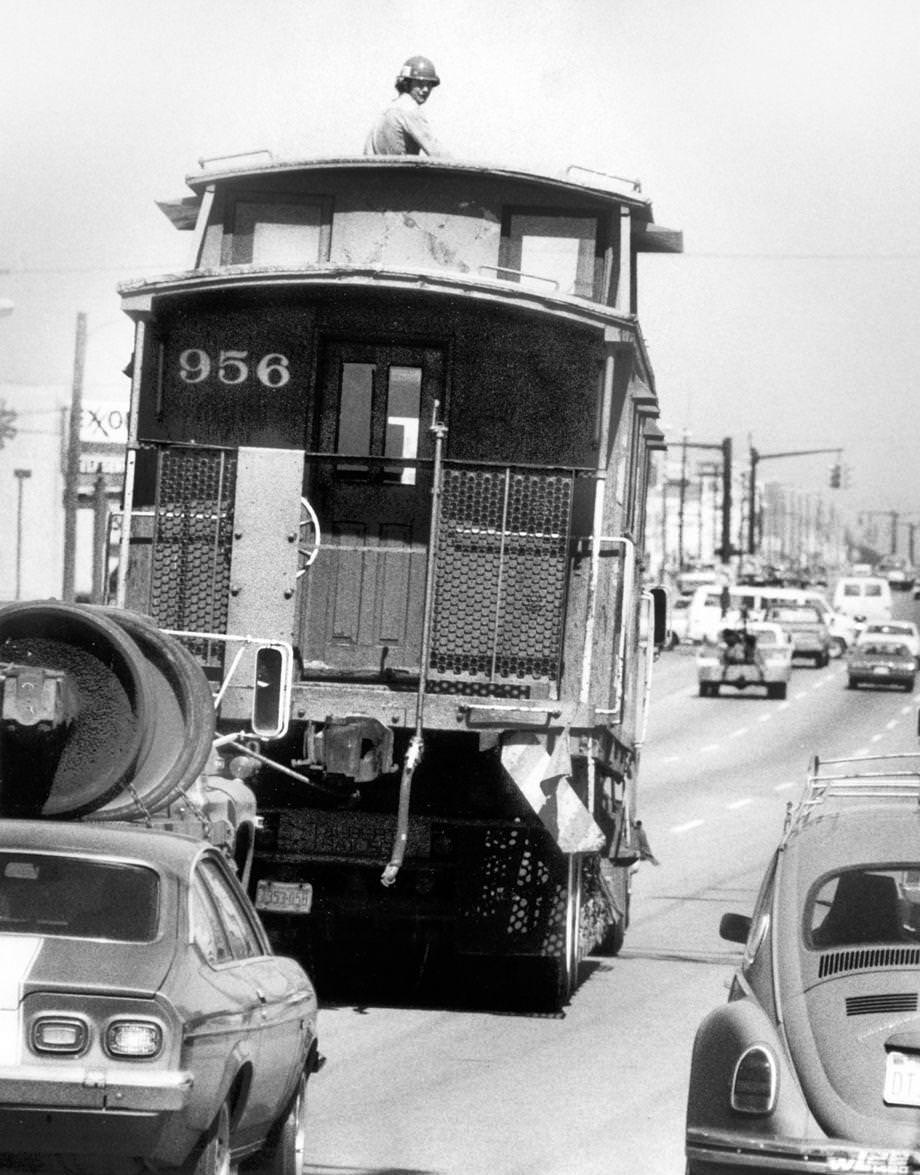 This train caboose traveled by truck along West Broad Street in Richmond was headed for the old Clover Room restaurant, which new owner John Dankos was remodeling into Stanley Stegmeyer’s Hodgepodge Restaurant, 1978.