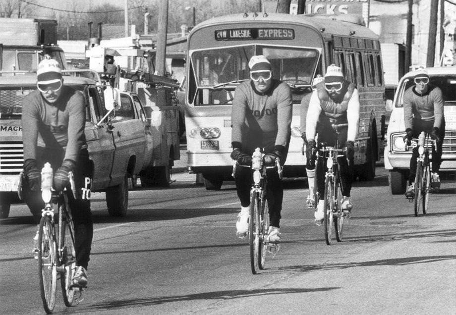 Some members of the Philadelphia Phillies and Philadelphia Eagles biked through Richmond during a 1,200-mile ride to Florida to spotlight the Muscular Dystrophy Association, 1978.