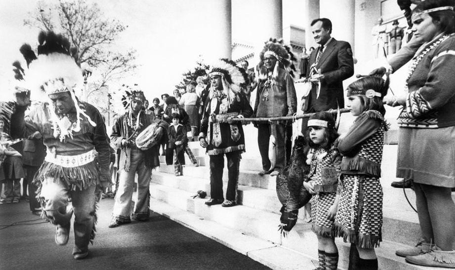 Mattaponi and Pamunkey Indians performed for Gov. John N. Dalton, continuing their centuries-old Thanksgiving tradition of delivering game, such as deer and turkey, to the governor in lieu of a tax payment.