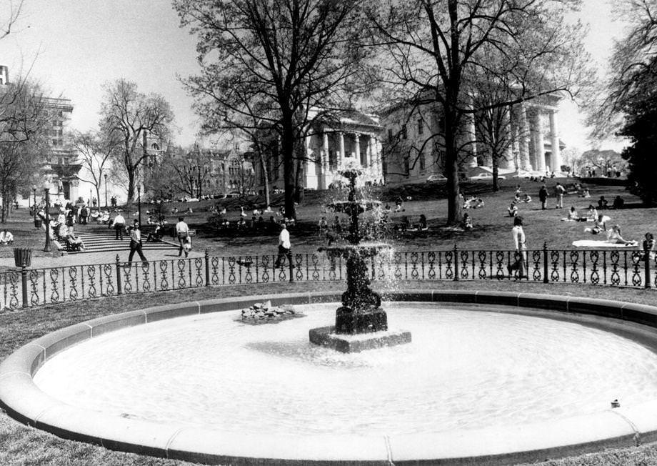Capitol Square in Richmond was filled with people enjoying a pleasant spring day. The high temperature was 81 degrees, which was ideal for relaxing on the grass and benches or taking a stroll around the grounds, 1978.