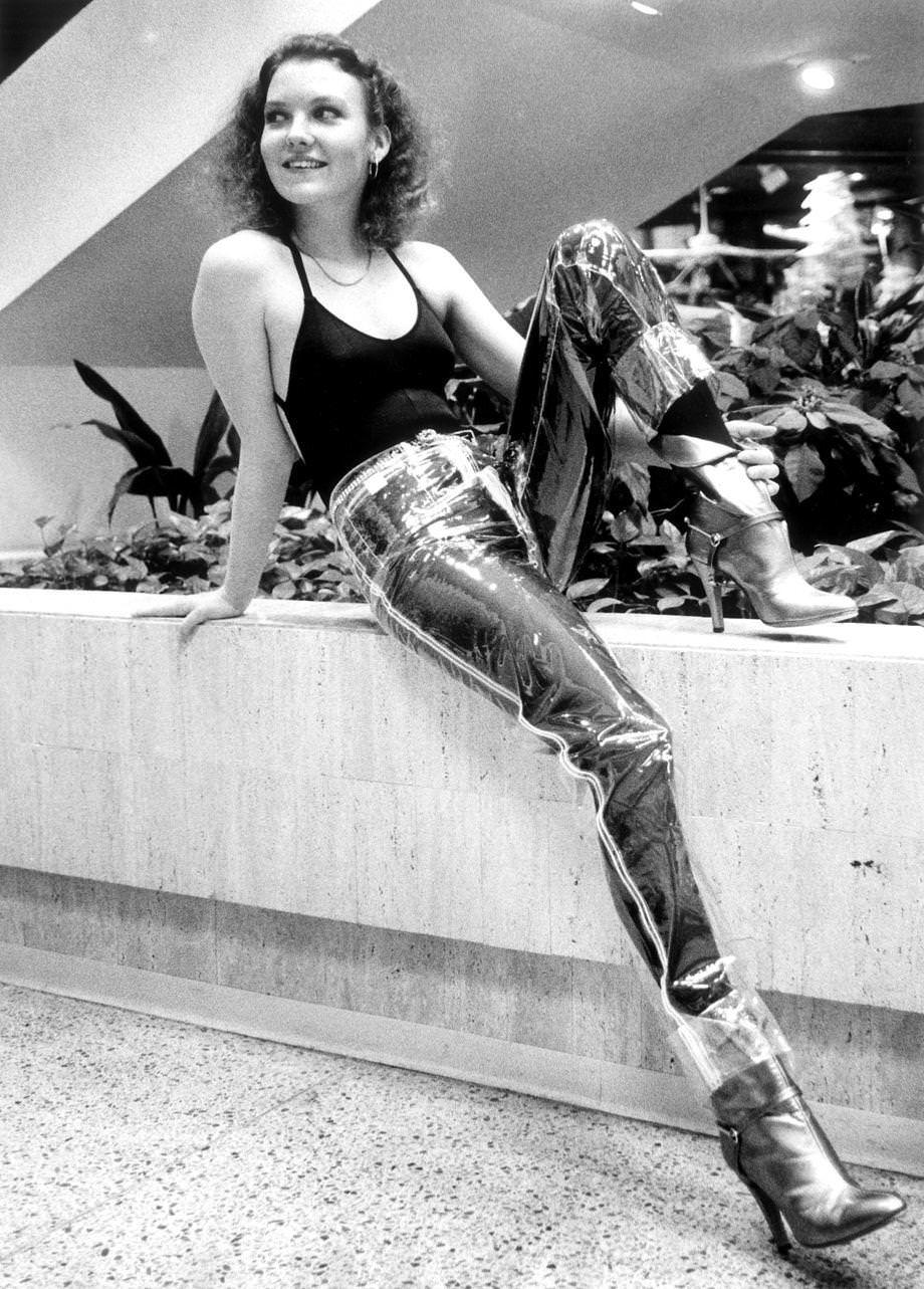 J.C. Penney employee Janet McCabe modeled a timely trend – plastic jeans – at Regency Square mall in Henrico County, 1978.