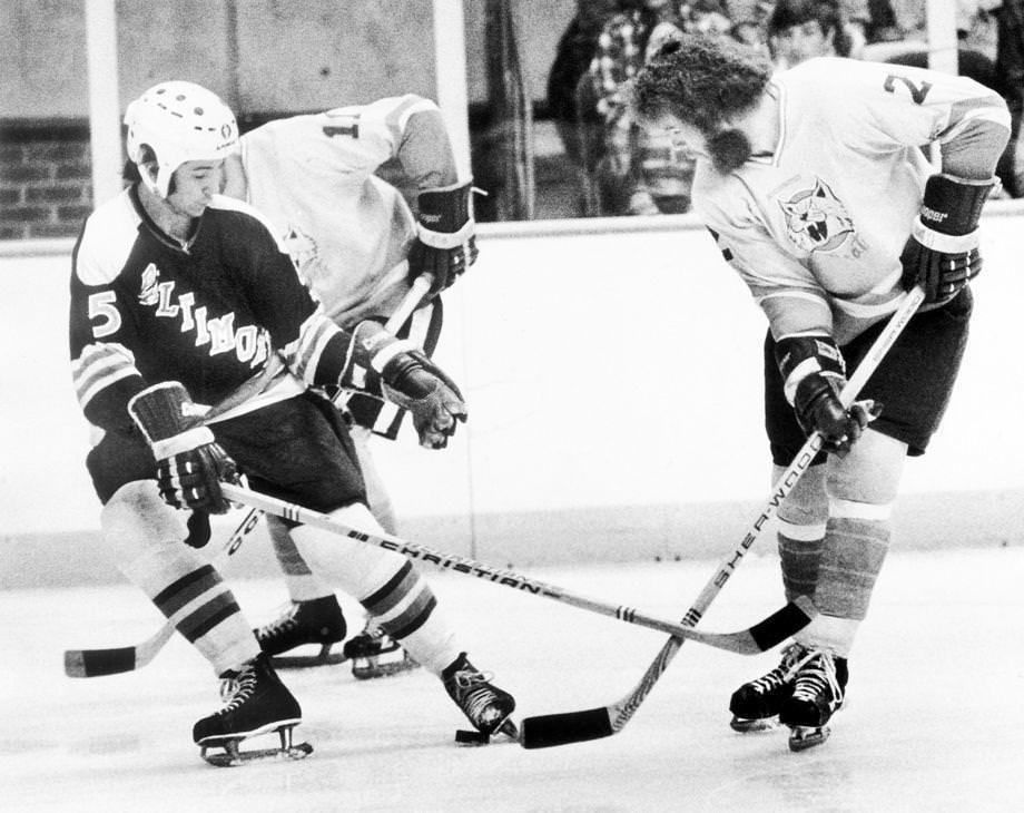 Jim McCrimmon (right) of the Richmond Wildcats tried to dislodge the puck from Dave Elliott of the Baltimore Clippers during a game at the Richmond Coliseum, 1976.