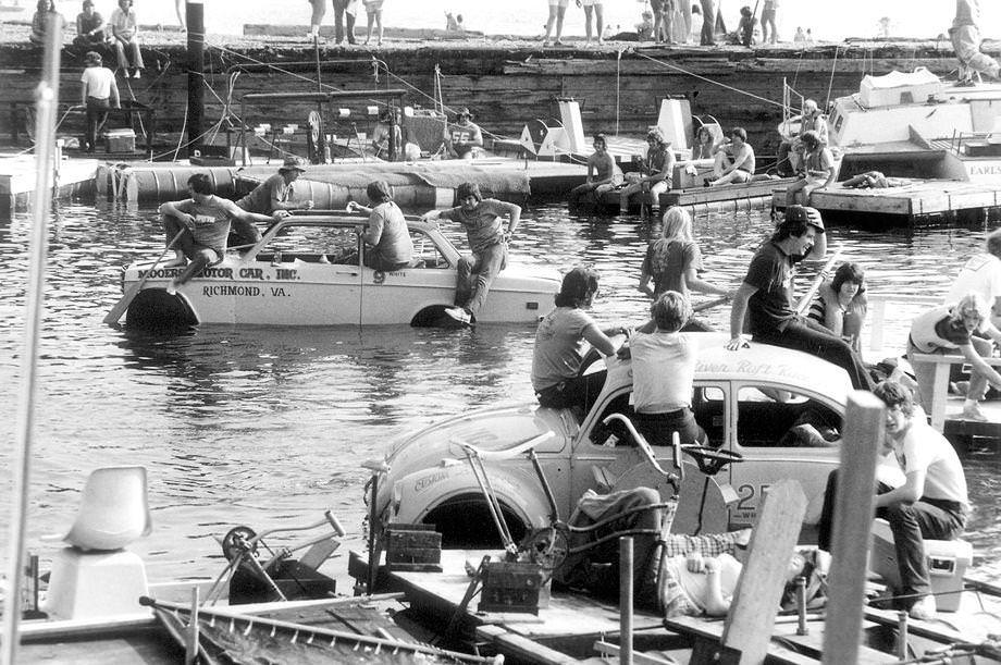 More than 1,000 rafts, kayaks and canoes crowded into the Jordan Point Yacht Haven and Marina in Hopewell for the second annual Great James River Raft Race to benefit multiple sclerosis research and local MS projects, 1976.