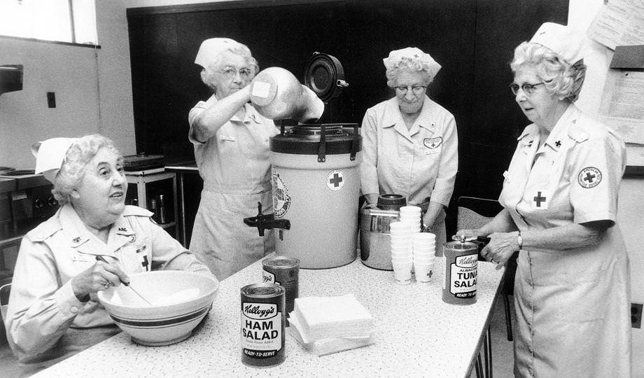 Richmond chapter American Red Cross volunteers (from left) Lydia Sarvay, Mrs. C.W. Fellows, Mrs. Percy Harton and Mrs. D.U. Galbraith were honored for 35 years of canteen service, 1975.