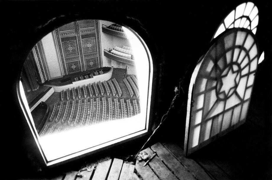 The Mosque auditorium in Richmond was taken through a small window from above, 1975.
