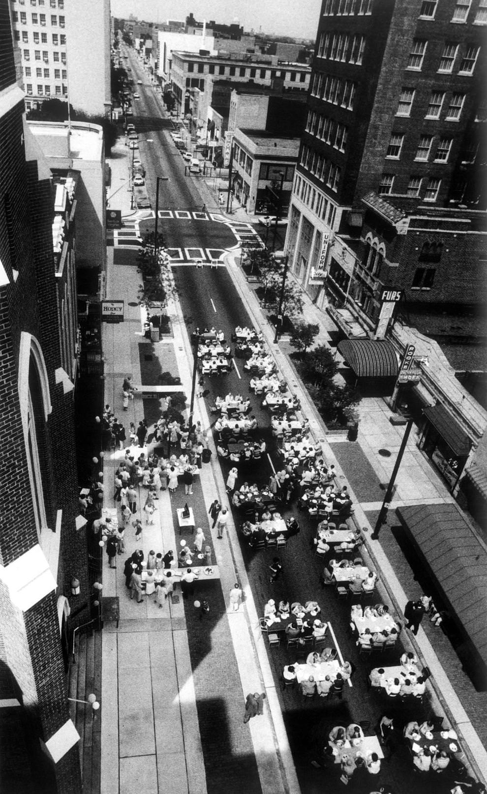 East Grace Street between Fourth and Fifth streets in downtown Richmond was closed for a Sunday afternoon “dinner on the grounds,” hosted by Centenary United Methodist Church, 1980