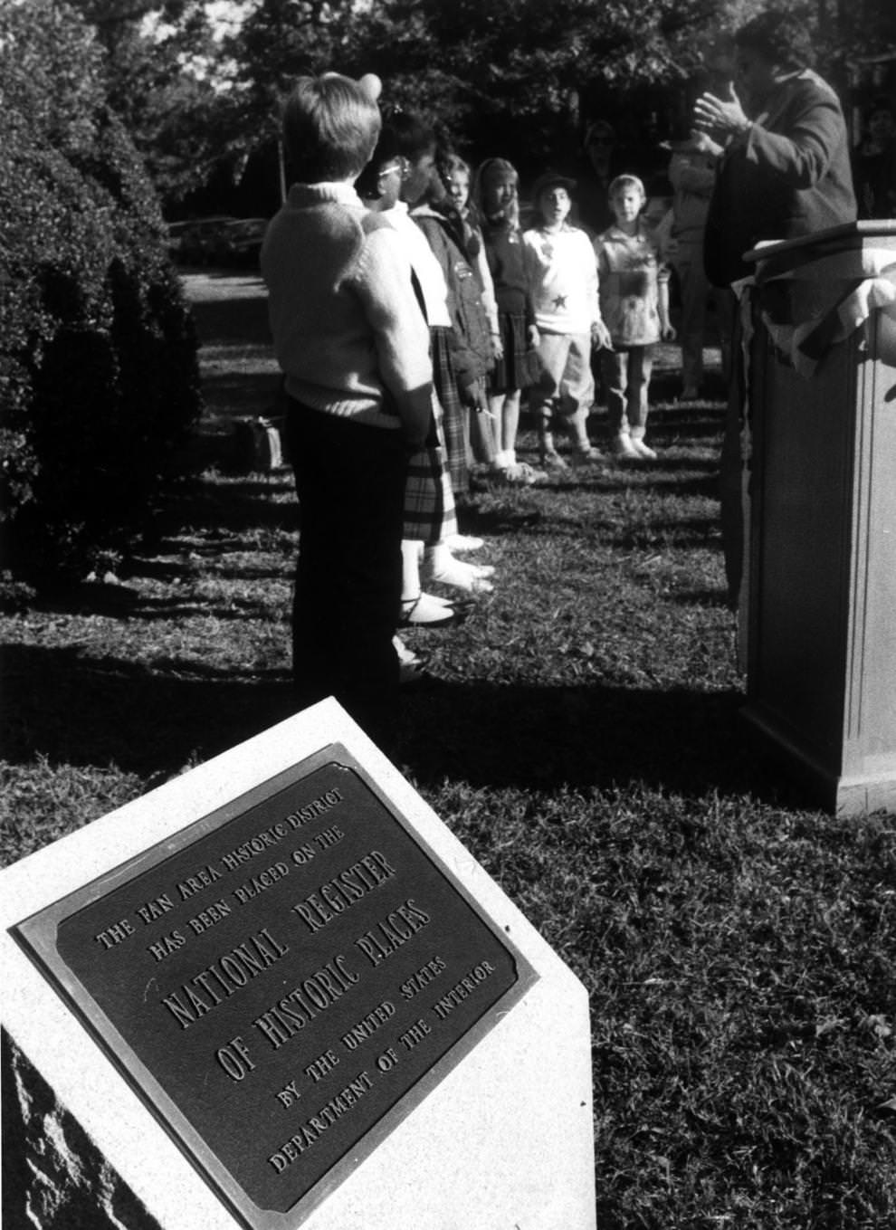 A plaque dedication ceremony marked the addition of Richmond’s Fan District to the National Register of Historic Places, 1986