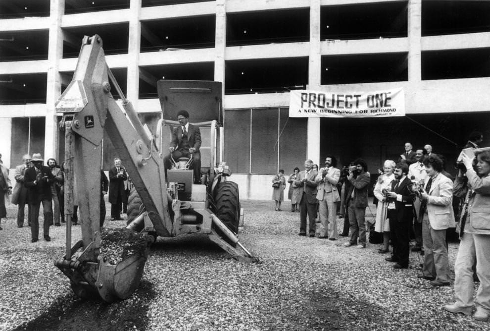 Richmond Mayor Henry L. Marsh III operated a backhoe to kick off Project One, which included the construction of the Greater Richmond Convention Center, 1981