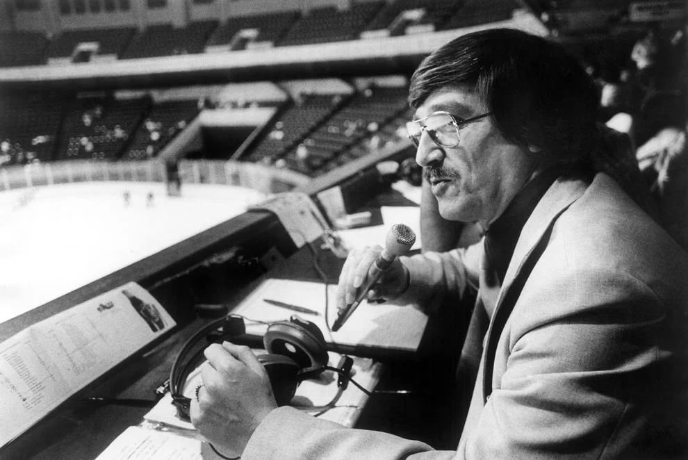Dick Harman – shown preparing for his role as broadcaster for a hockey game in Richmond – was about to begin a call-in sports talk show on WLEE radio, 1981.
