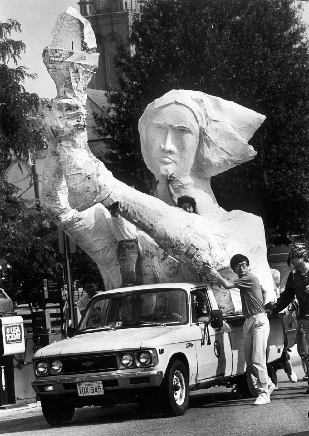 Virginia Commonwealth University students moved the top section of their “Goddess of Democracy” reproduction to the Student Commons, where it was displayed for several days.