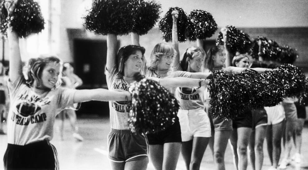 The Spiderettes, the University of Richmond pompom squad, practiced a routine at the university, 1981