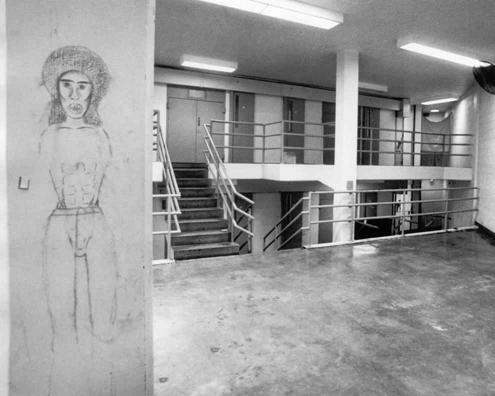 Part of death row, including haunting artwork, at the Mecklenburg Correctional Center, Richmond, 1984.