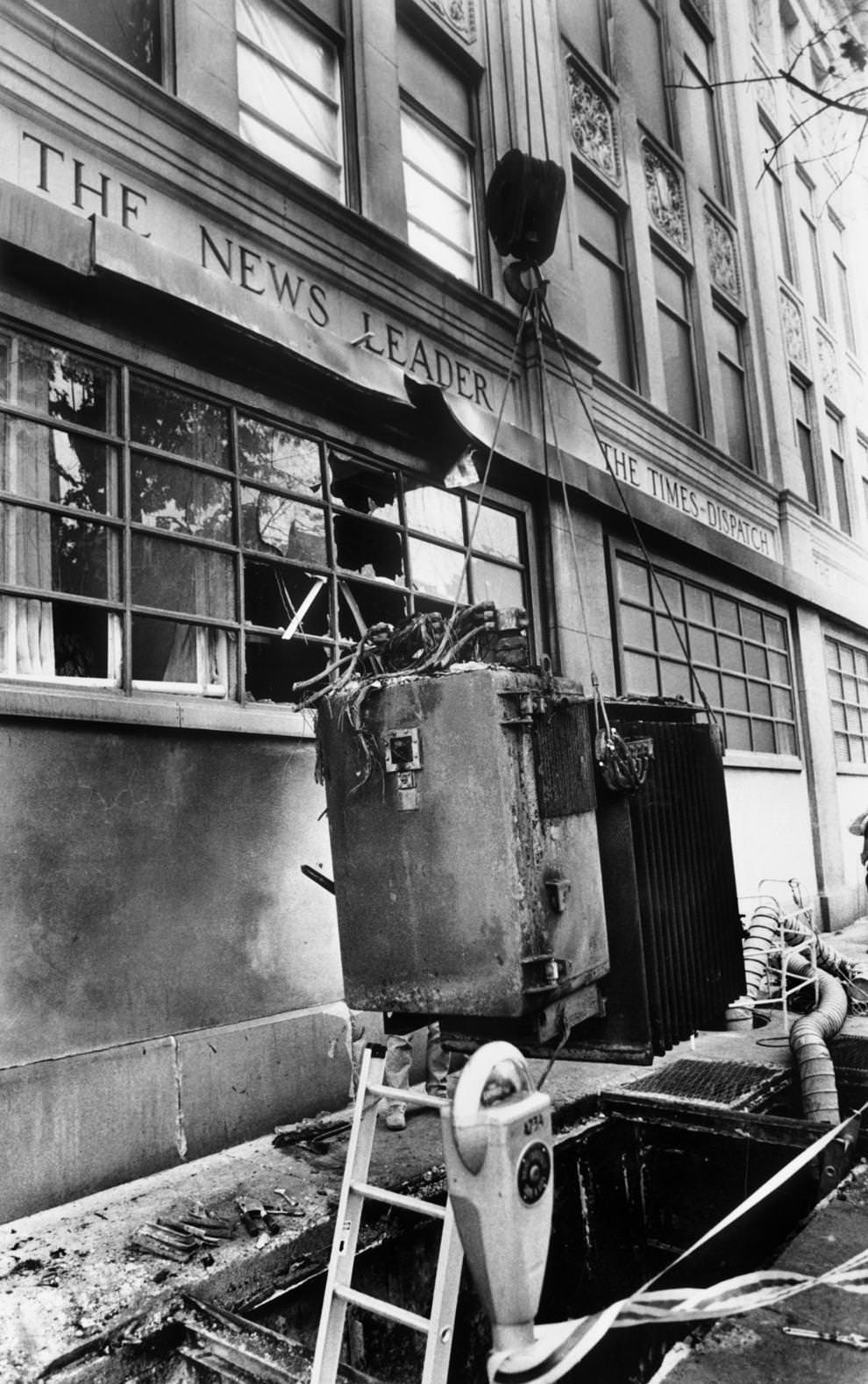 A transformer exploded under the sidewalk on the Fourth Street side of the Richmond Newspapers Inc. building downtown, 1989.
