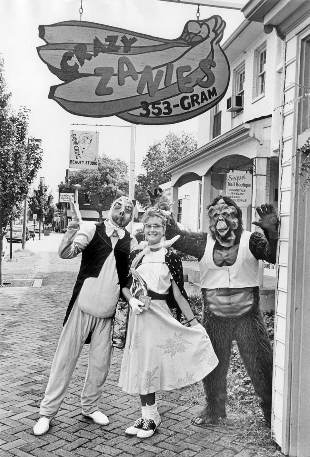 Employees of Crazy Zanies in Carytown were ready to deliver messages and singing telegrams around Richmond, 1987.