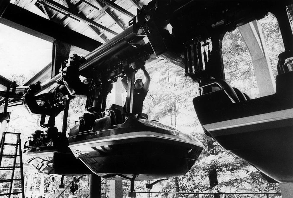 Engineer Charlie Dean inspected the new Big Bad Wolf roller coaster at Busch Gardens near Williamsburg, Richmond, 1984.