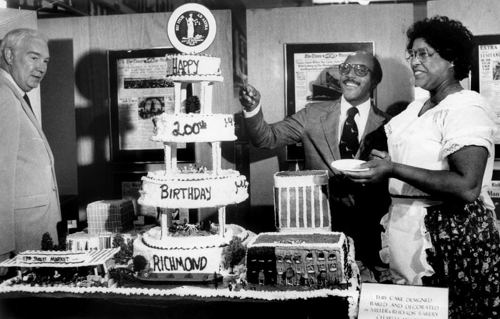 Mayor Roy A. West cut into a cake celebrating the 200th anniversary of Richmond’s incorporation as a town, 1982.