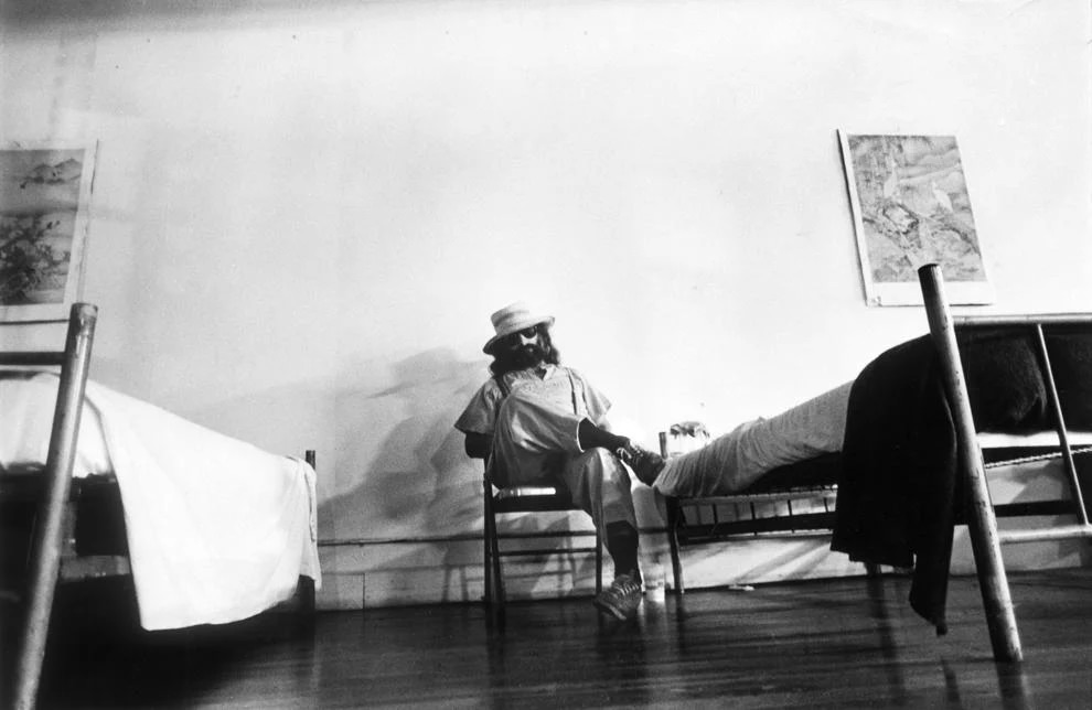 A guest sat near his bed at the Freedom House Community Shelter in Richmond, where there was no set length of stay, 1988.