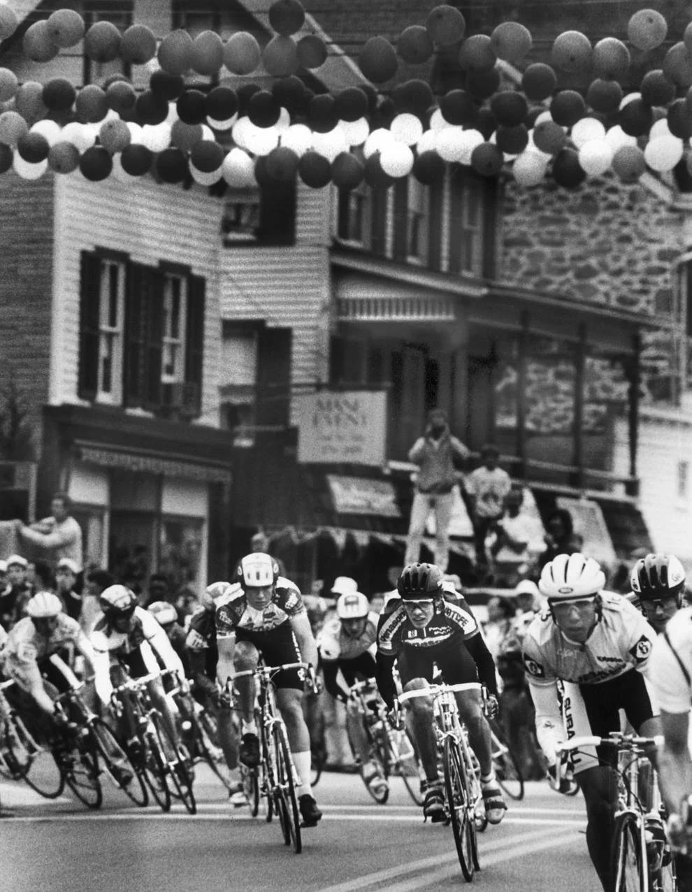 Cyclists in the Tour de Trump rode through Port Deposit, Md., on their way to Virginia. The cyclists were scheduled to arrive in Richmond the next day, where they would run a 38.4-mile team trial, 1990.