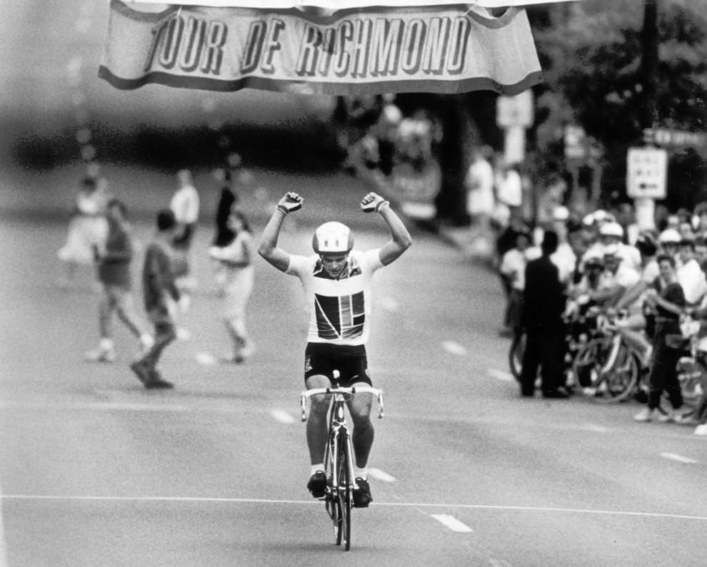 Charles Pope of Emporia crossed the finish line as winner of the Juniors race in the Tour de Richmond, 1990
