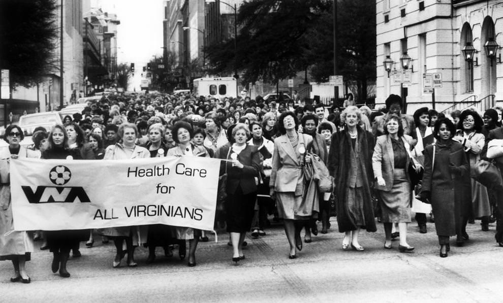 Several hundred nurses from around Virginia marched along downtown Richmond streets to the state Capitol, 1991.