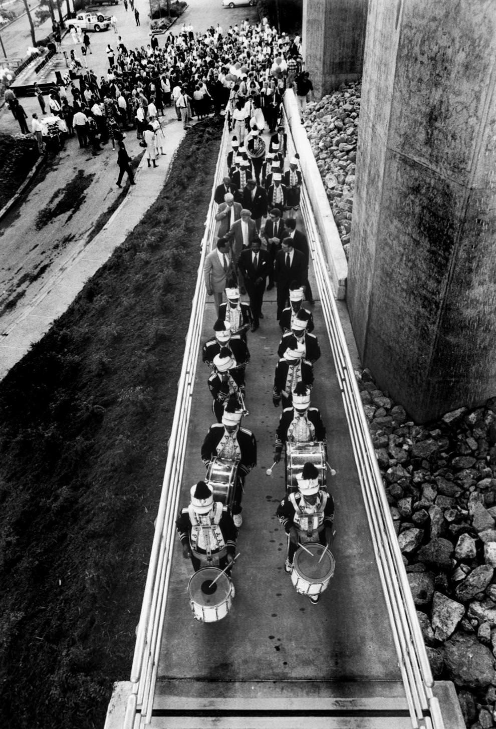 A band led the procession to the new Belle Isle pedestrian bridge during its dedication ceremony in Richmond, 1991.