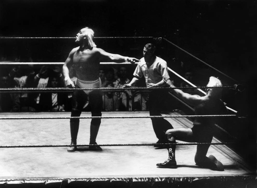 Wrestlers Hulk Hogan (left) and Ric Flair battled in front of a huge crowd at the Richmond Coliseum, 1991
