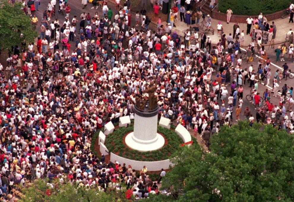 The monument to the late professional tennis star Arthur Ashe Jr. was dedicated on Monument Ave 1996.