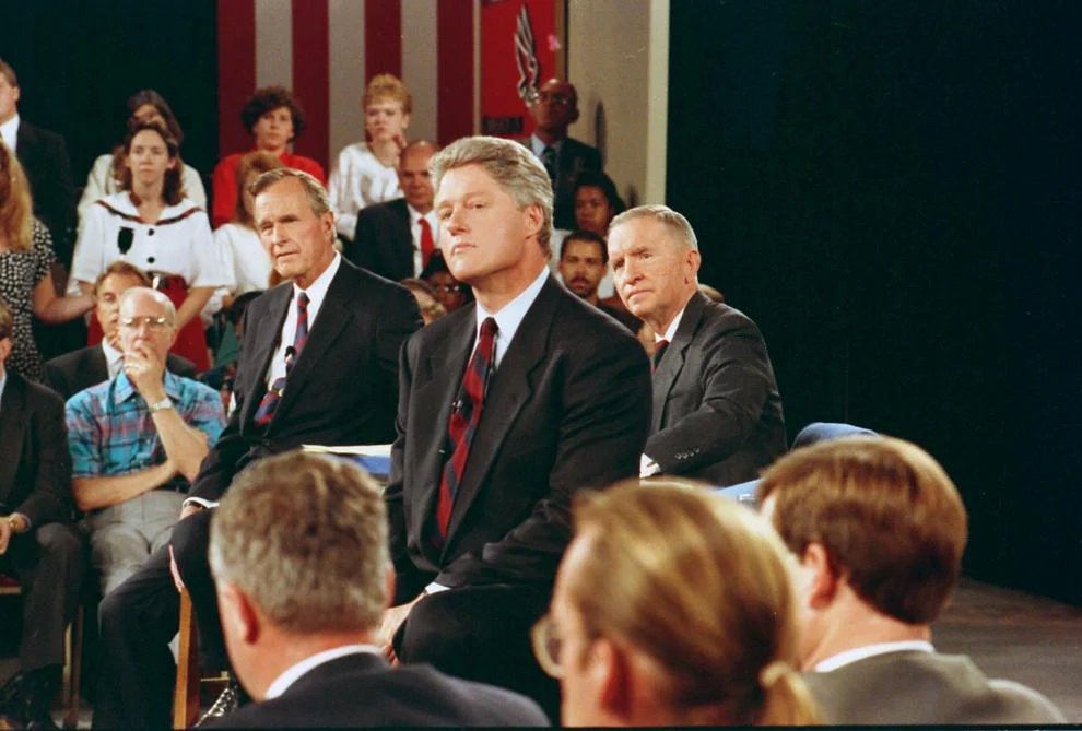Ross Perot, Bill Clinton and George Bush at the presidential debate held at the University of Richmond, October 1992.