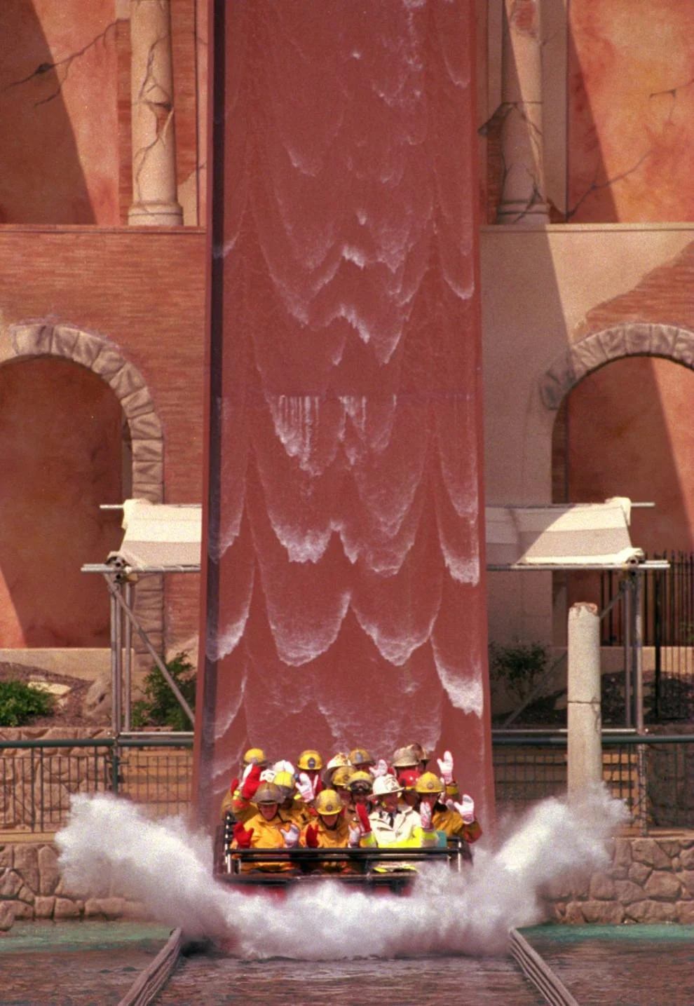 A boat load of fire fighters come down the flume as Busch Gardens, Williamsburg opens its newest attraction 'Escape from Pompeii' a fire and water ride located in the Italy section of the park, 1995