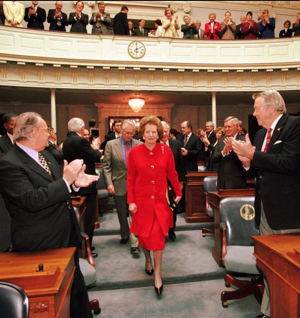 Former British Prime Minister Margaret Thatcher walks into the hall of the Virginia House of Delegates in Richmond, 1995, to address a joint session of the Virginia Legislature.