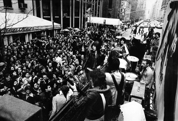 The Rolling Stones announce the 'Tour of the Americas '75' on a flatbed truck on 5th Avenue, New York, May 1975.