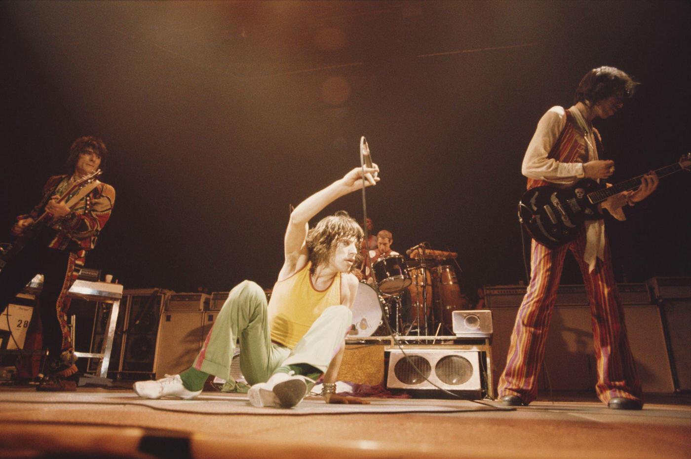 Ronnie Wood, Mick Jagger, Charlie Watts, and Keith Richards perform on stage during the tour, June 1975.