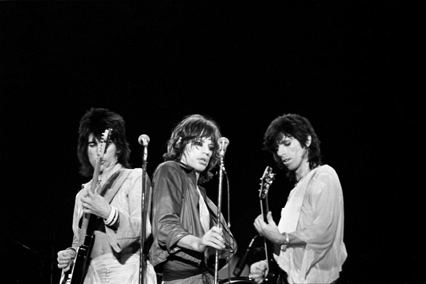 Ronnie Wood, Mick Jagger, and Keith Richards perform on stage at Madison Square Garden during the band's "Tour of America '75" on July 23, 1975, in New York, New York.