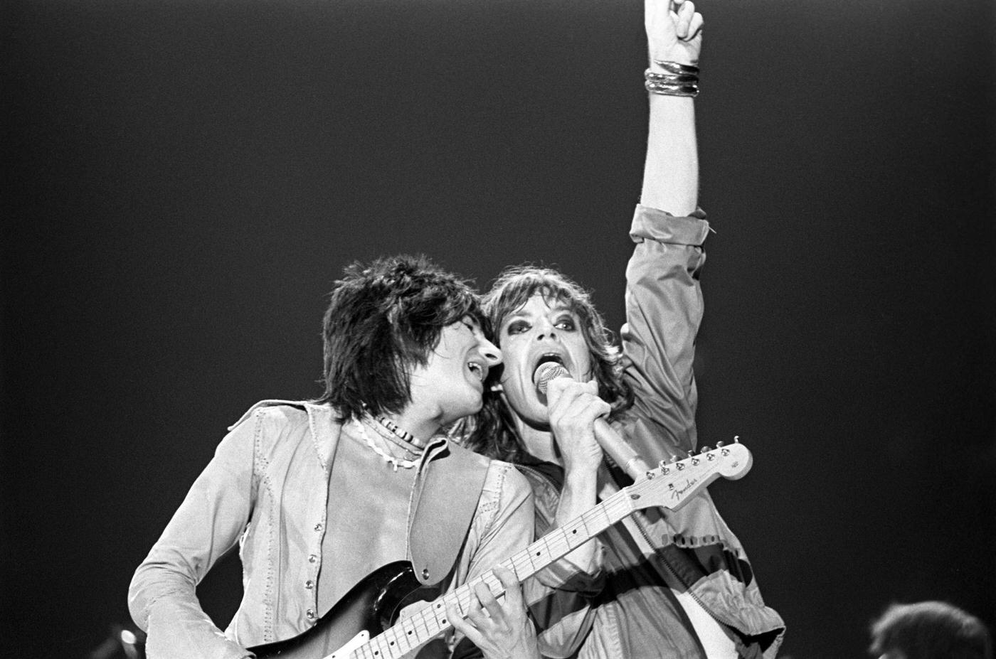 Ronnie Wood and Mick Jagger perform on stage at Madison Square Garden during the band's "Tour of America '75" on July 23, 1975, in New York, New York.