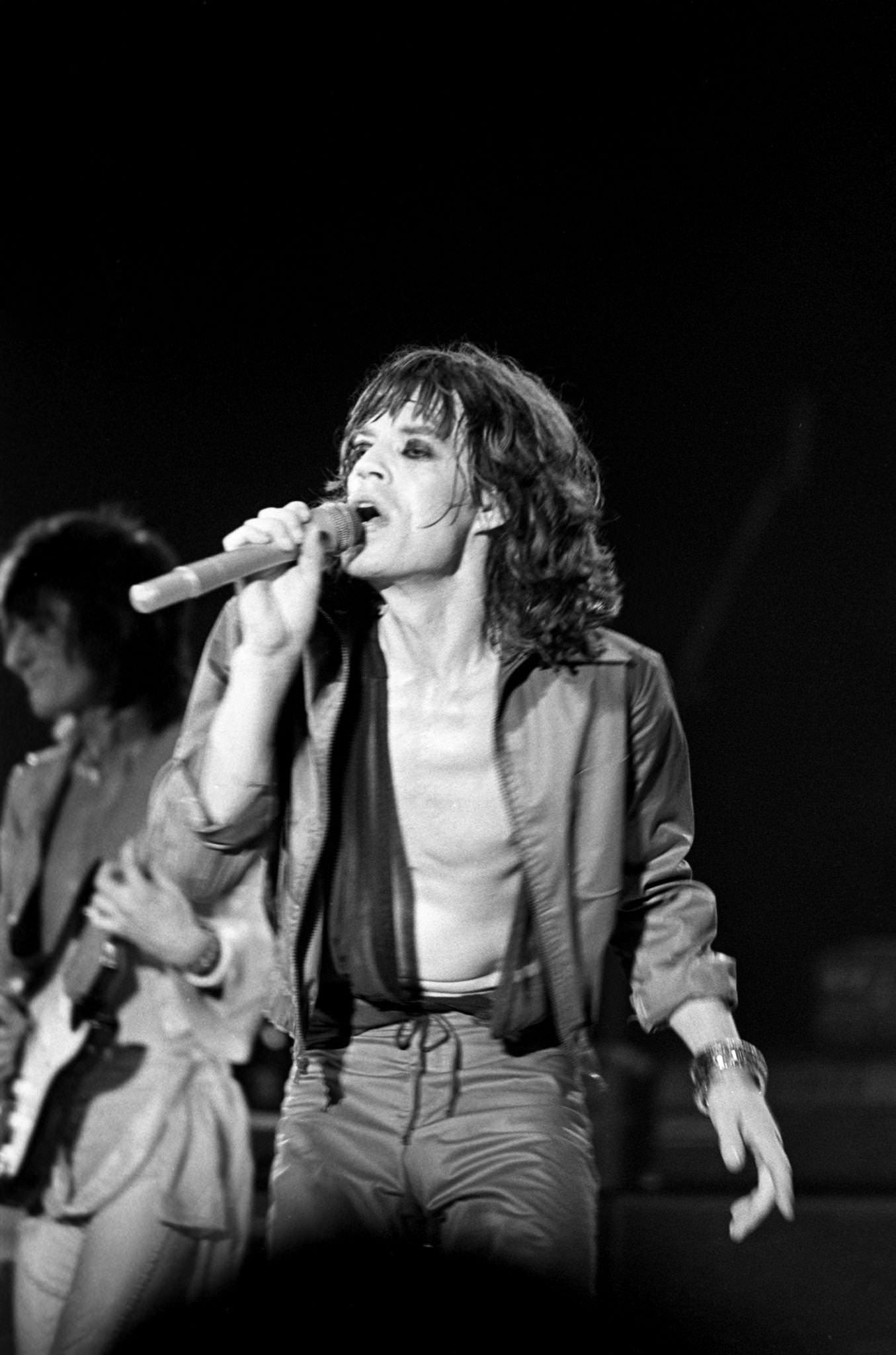 Mick Jagger performs with Ronnie Wood at Madison Square Garden during the band's "Tour of America '75" on June 25, 1975, in New York, New York.