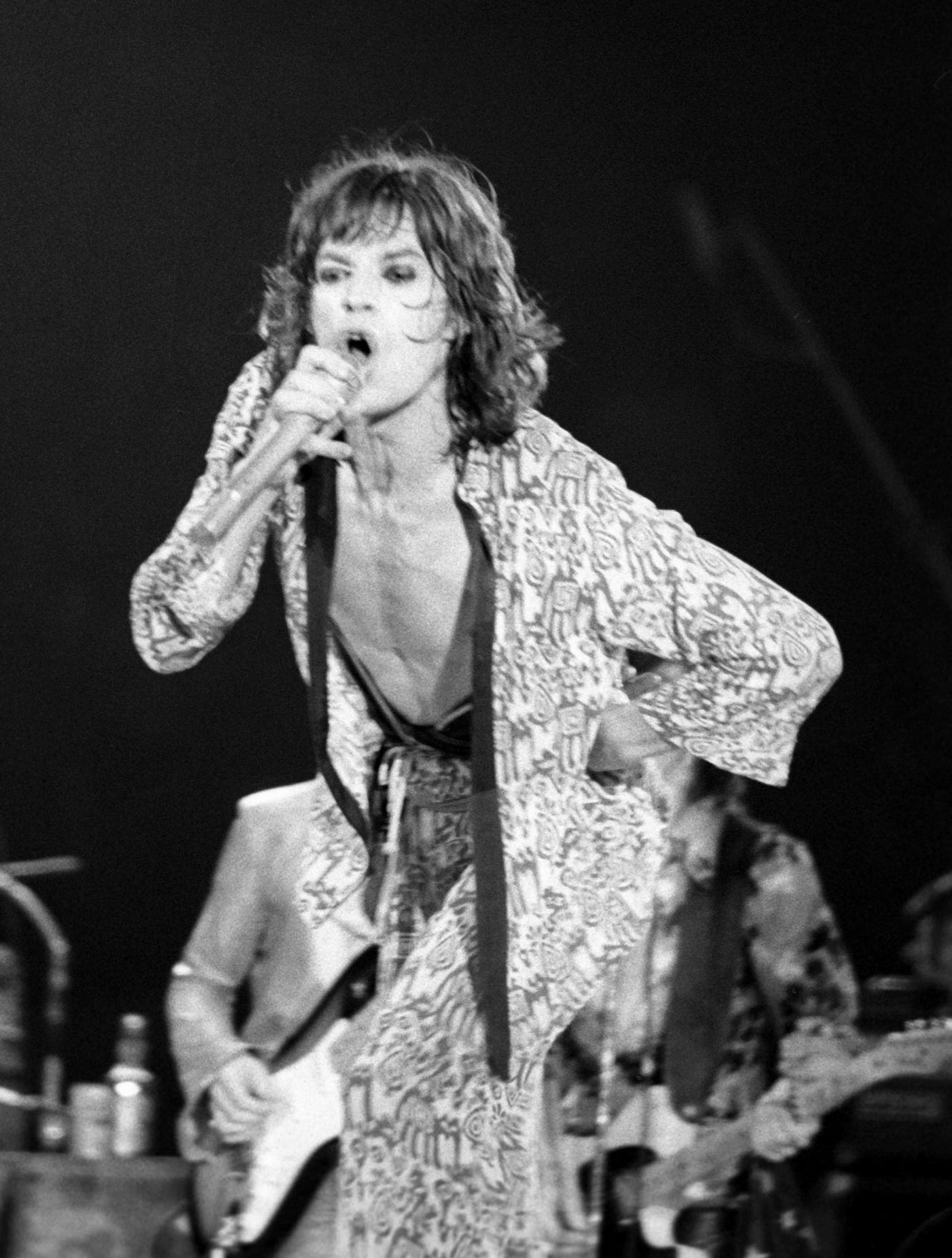 Mick Jagger performs at Madison Square Garden during the band's "Tour of America '75" on June 25, 1975, in New York, New York.