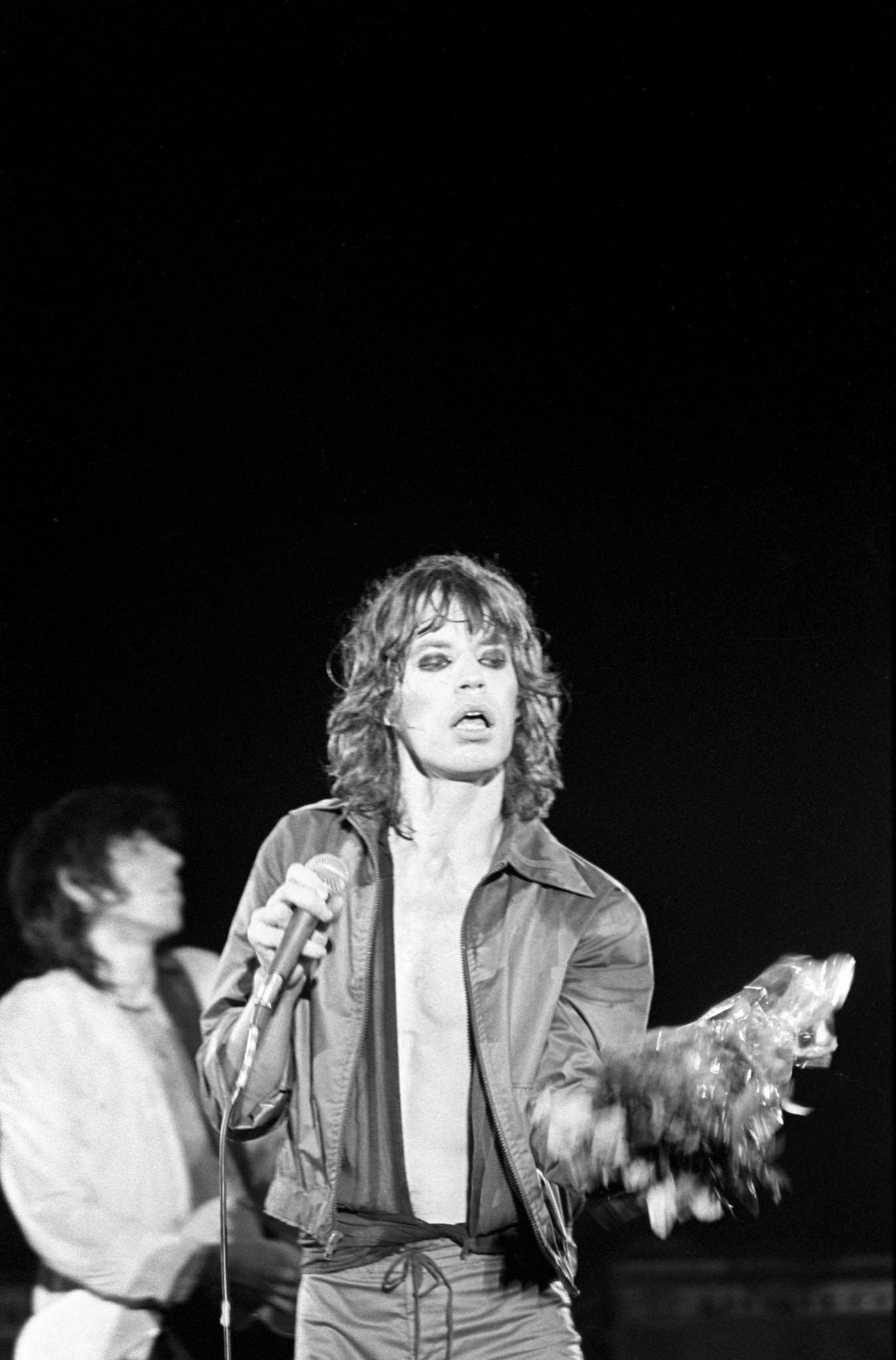 Mick Jagger performs with Keith Richards at Madison Square Garden during the band's 'Tour of America ' 75" on June 25, 1975, in New York, New York.