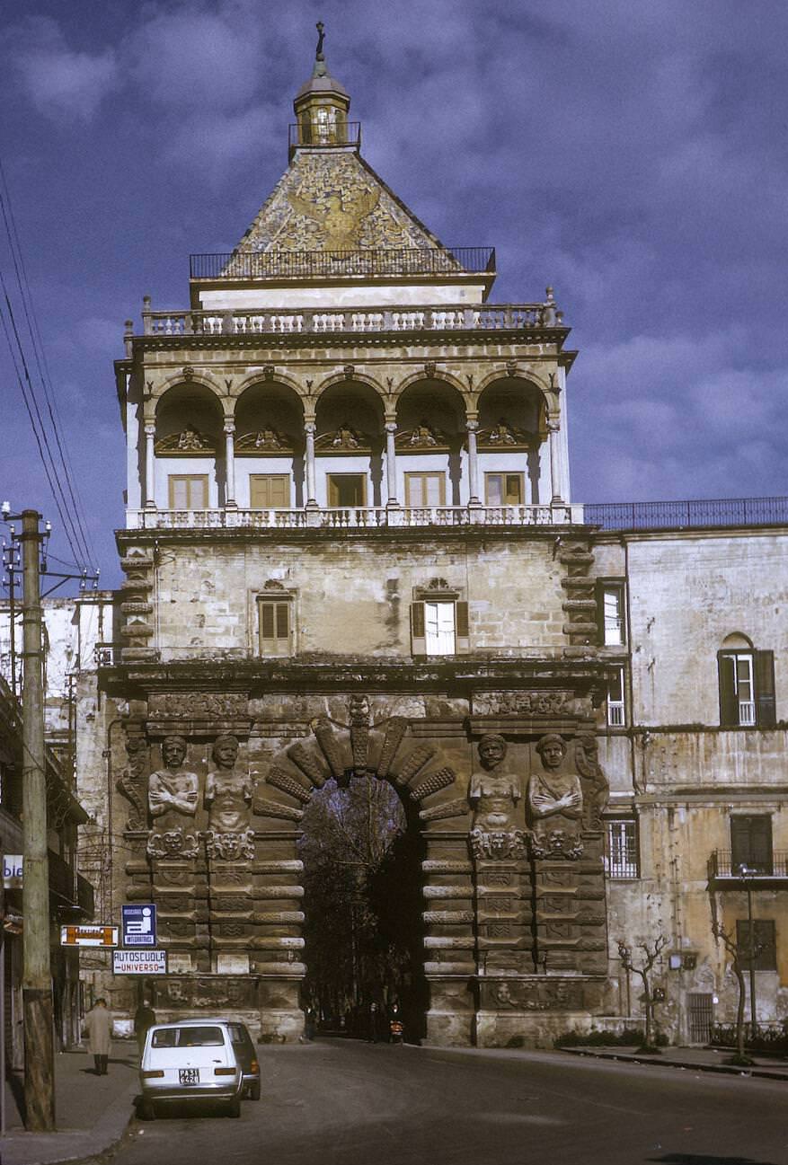 Porta Nuova, an entrance gate to the medieval walled city of Palermo, Sicily, built in 1535.