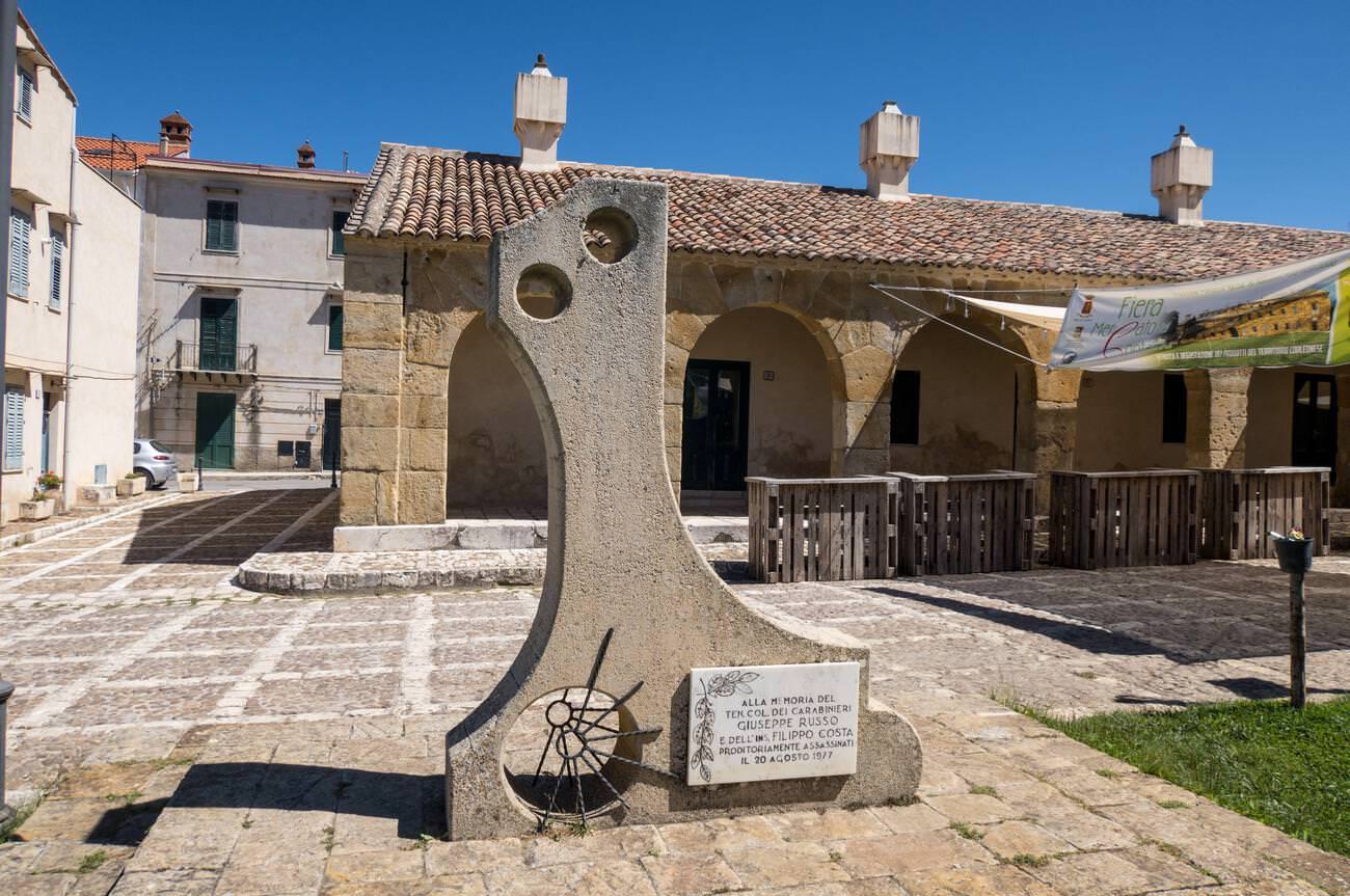 Monument in memory of Mafia victims on the village green in Ficuzza, Sicily, August 1977.