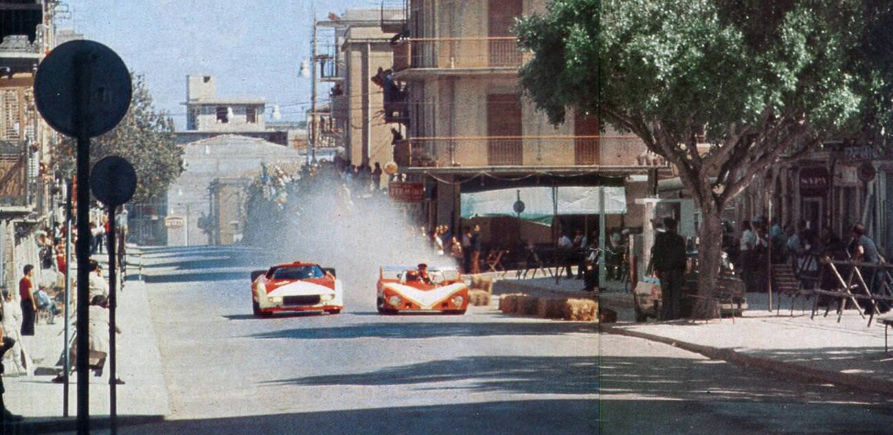 Racing cars at the Cerda road circuit during the 1974 Targa Florio race.