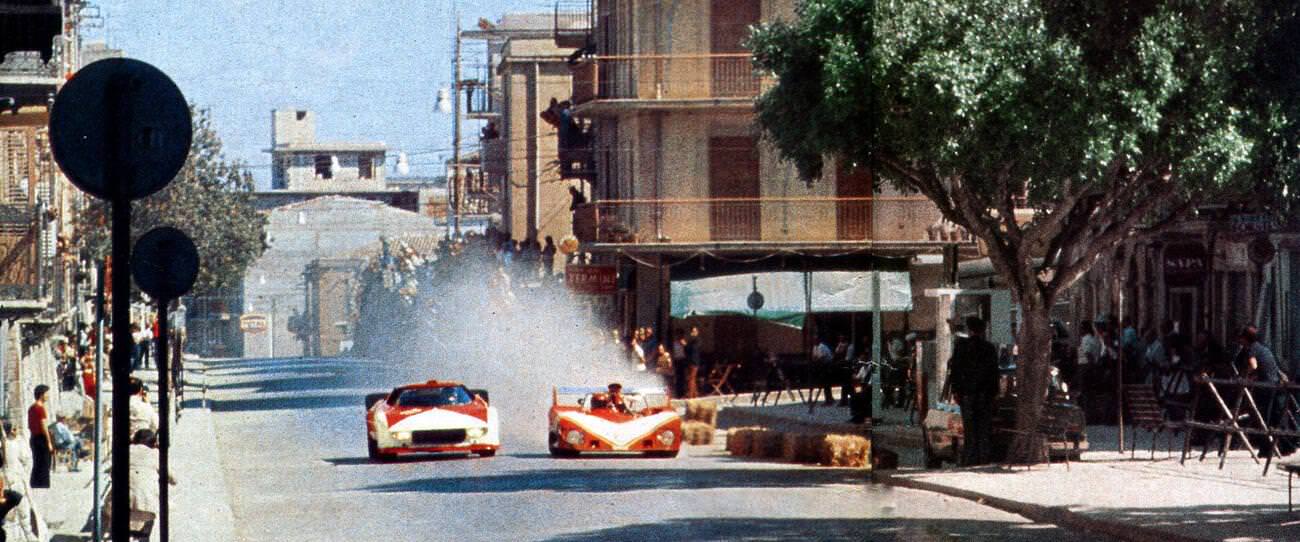 Racing cars at the Cerda road circuit during the 1974 Targa Florio race.