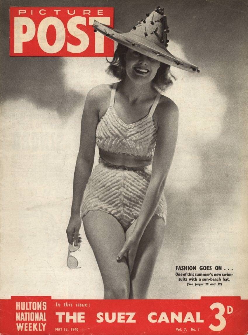 Model wearing a fringed toweling bikini with a beaded sunhat, 1940.