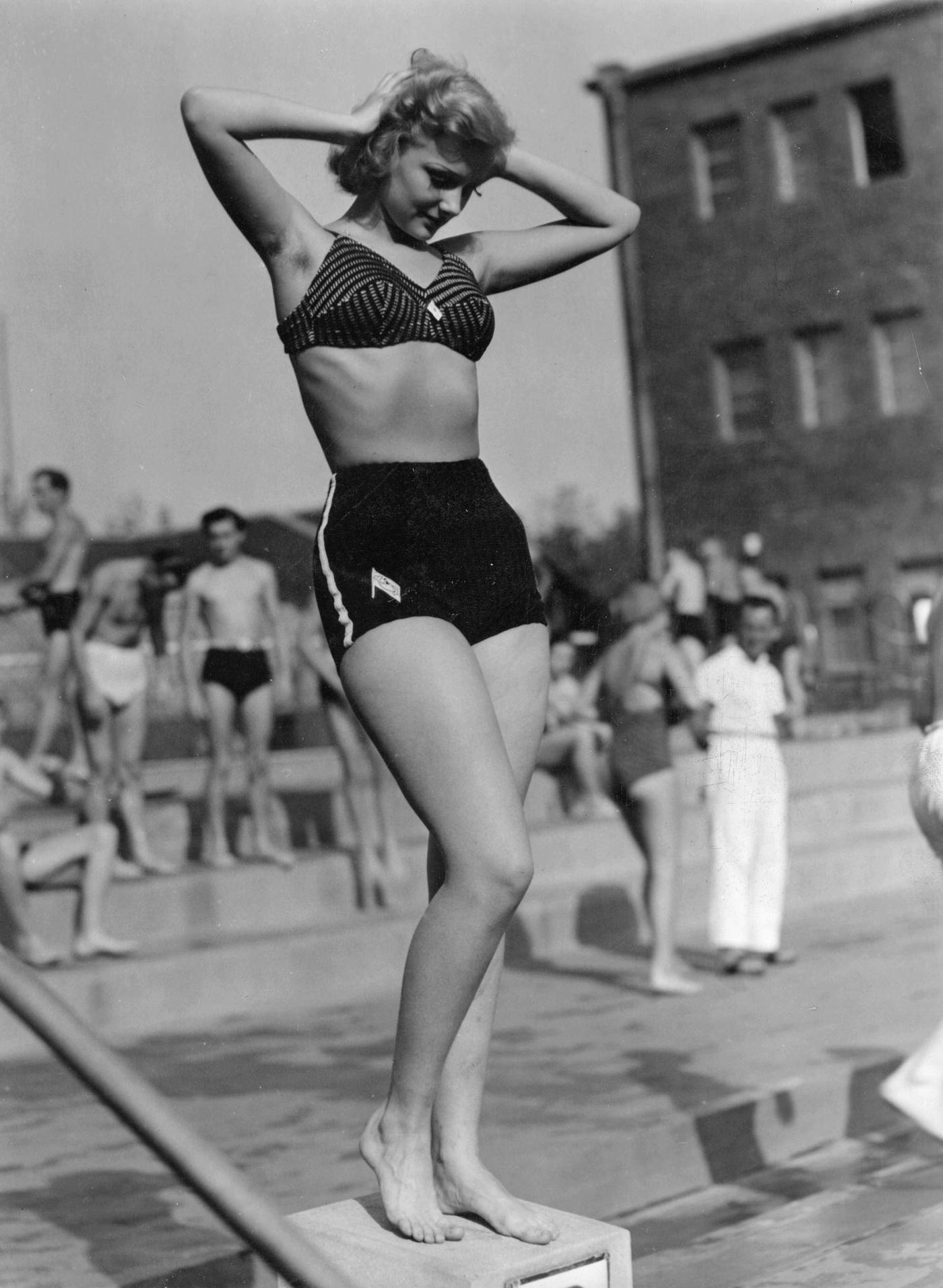 Bathing beauty in bikini fashion, Berlin, Germany, 1940.