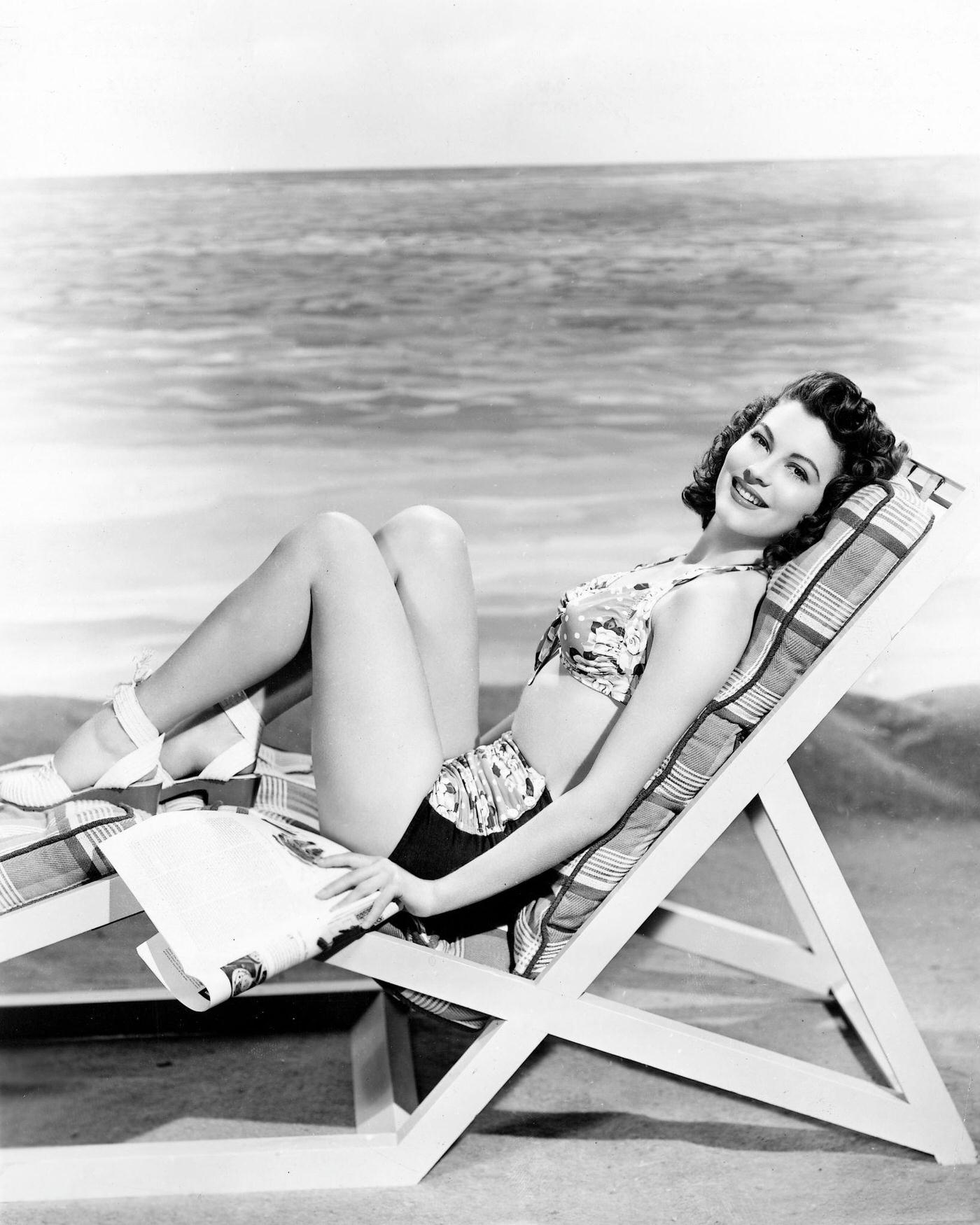 Ava Gardner relaxing in a deckchair, 1945.