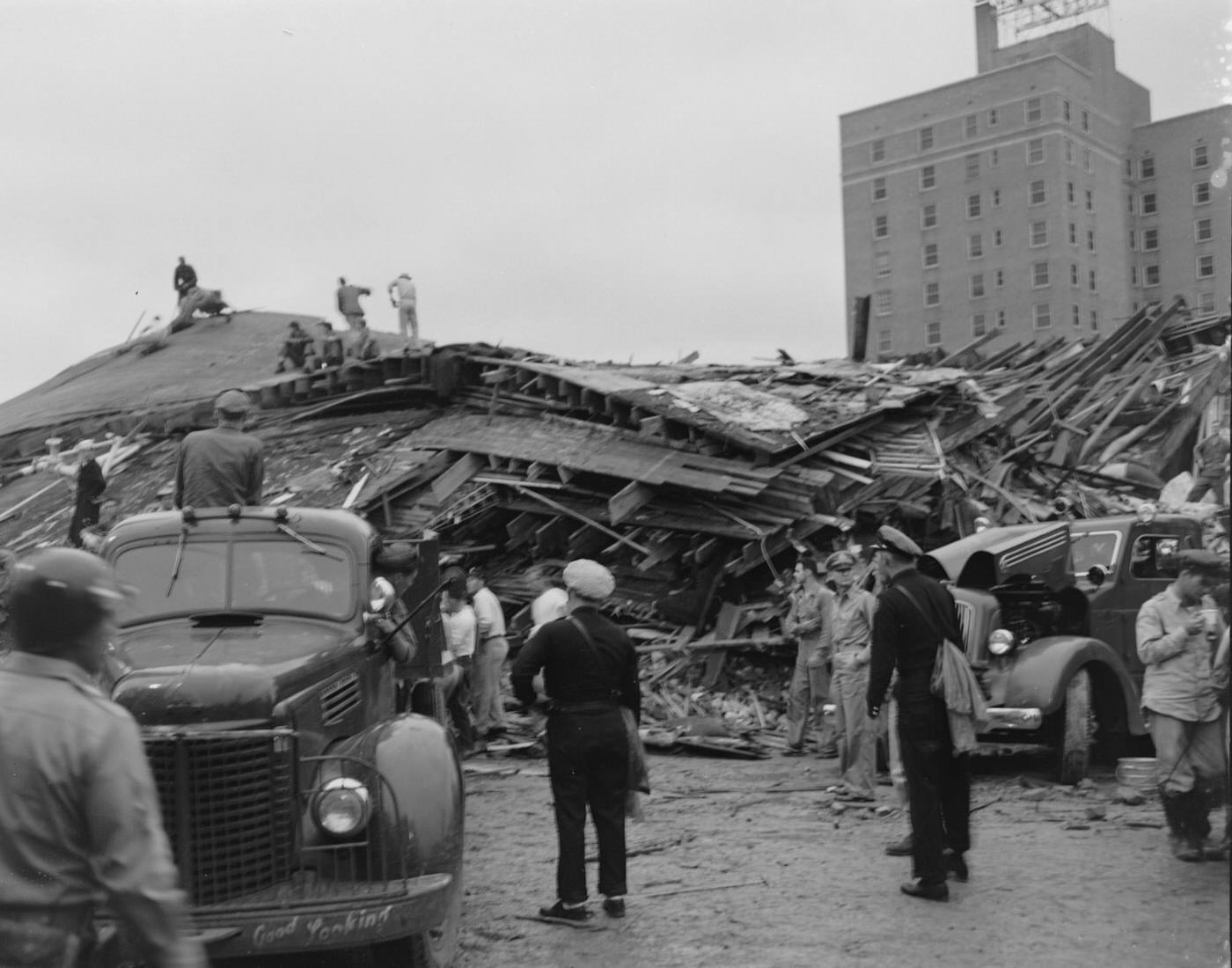 Men Around Destroyed R.T. Dennis Building After Waco Tornado, 1953.